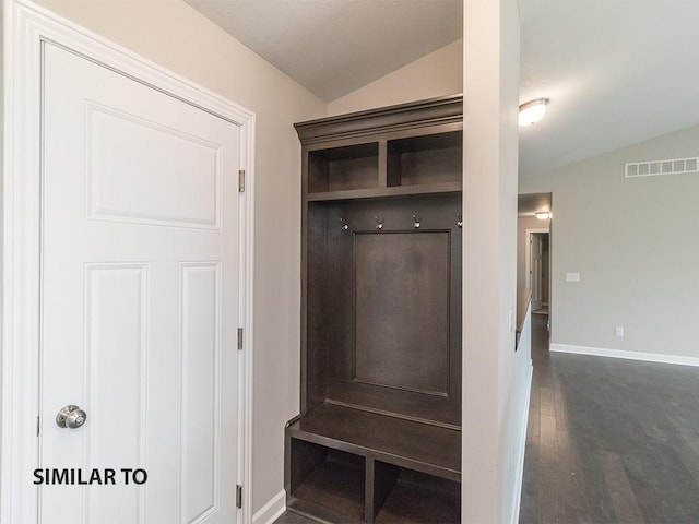 mudroom with dark wood-type flooring and lofted ceiling