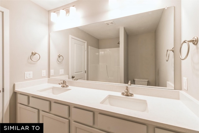 bathroom featuring a shower, vanity, and toilet