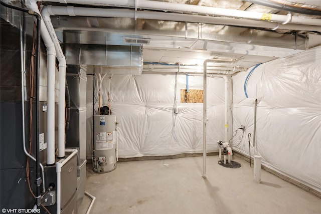 unfinished below grade area with water heater and visible vents