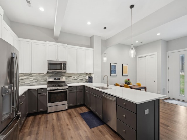 kitchen featuring a peninsula, dark wood-style flooring, a sink, appliances with stainless steel finishes, and tasteful backsplash