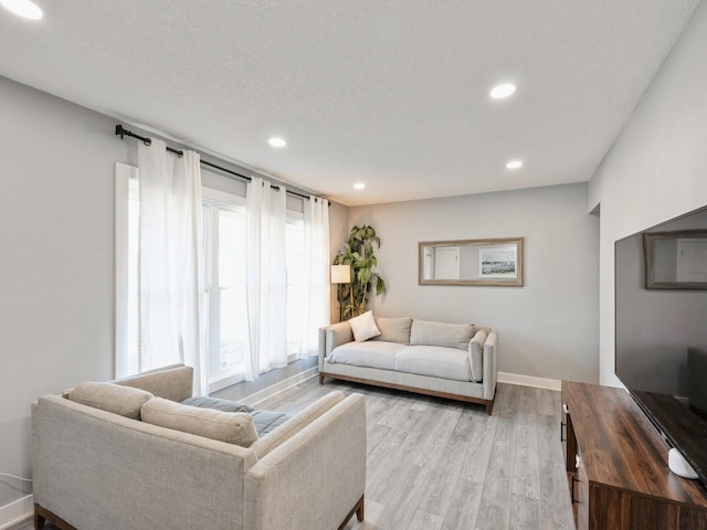 living room featuring light hardwood / wood-style flooring, a healthy amount of sunlight, and a textured ceiling