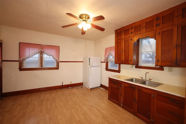 kitchen with ceiling fan, sink, light wood-type flooring, and white refrigerator