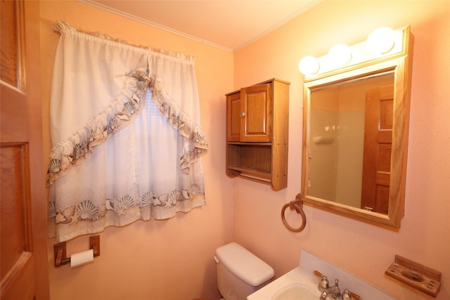 bathroom featuring sink, toilet, and crown molding