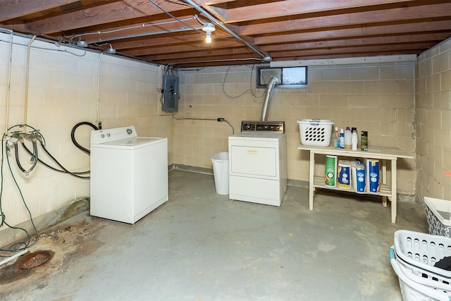 basement featuring separate washer and dryer and electric panel