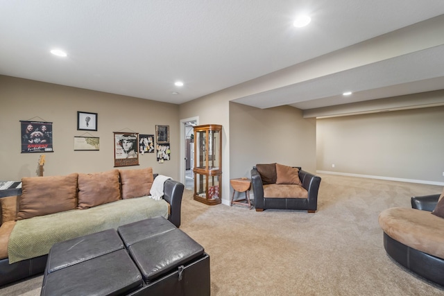 living room featuring light carpet