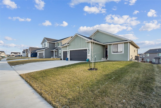 view of front of home with a garage, central air condition unit, and a front lawn