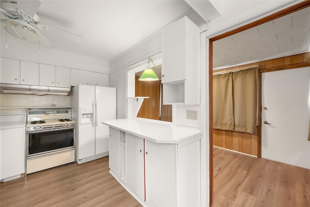 kitchen featuring ceiling fan, white cabinets, light hardwood / wood-style floors, and white appliances