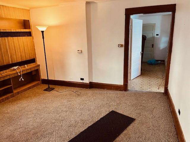 carpeted empty room with ornamental molding