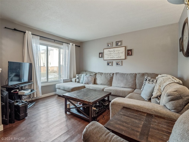 living room featuring a textured ceiling and hardwood / wood-style flooring