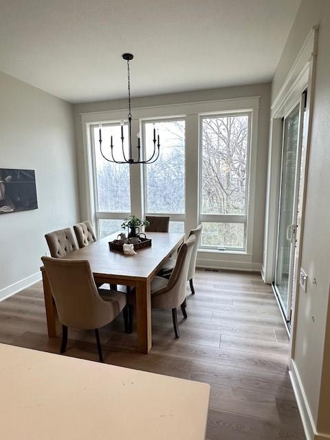 703 Richland Ct, Van Meter, IA 50261 - dining room featuring a chandelier, baseboards, and wood finished floors