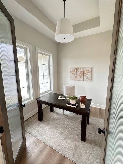 703 Richland Ct, Van Meter, IA 50261 - home office with baseboards, wood finished floors, and a tray ceiling