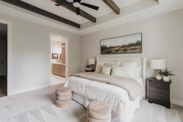 703 Richland Ct, Van Meter, IA 50261 - bedroom with beam ceiling, light carpet, connected bathroom, and a ceiling fan