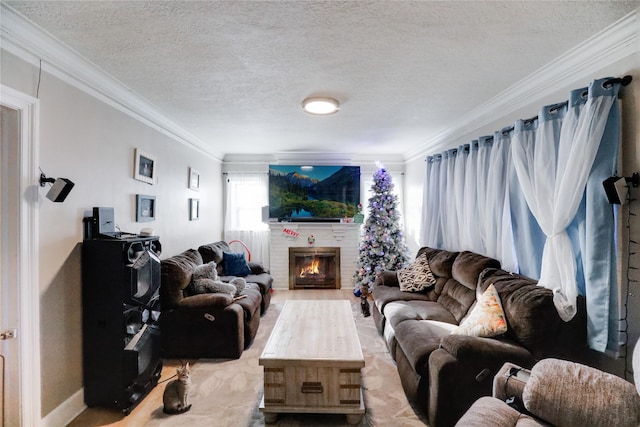 living room with a fireplace, a textured ceiling, and ornamental molding