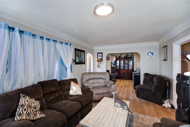 living room featuring hardwood / wood-style floors and crown molding