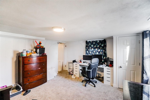 office space featuring light colored carpet and a textured ceiling