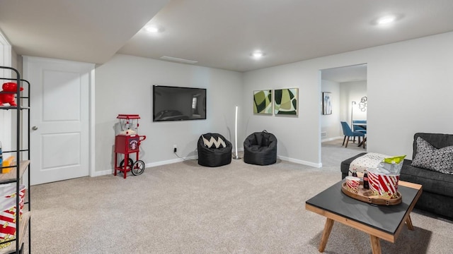 interior space with recessed lighting, carpet flooring, and baseboards