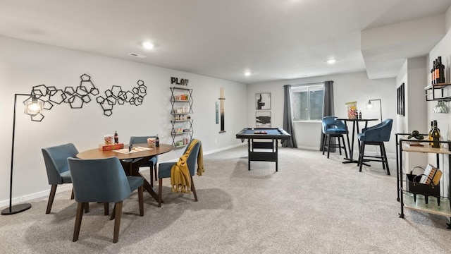 dining space with carpet floors, visible vents, baseboards, and recessed lighting