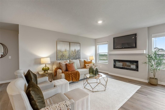 living area featuring a glass covered fireplace, plenty of natural light, baseboards, and wood finished floors