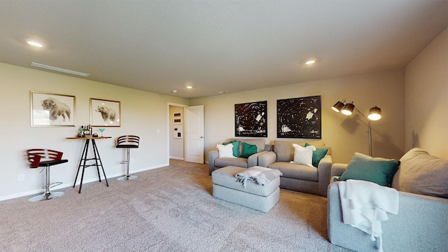 living room featuring light colored carpet