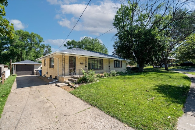 ranch-style house featuring an outbuilding, a front lawn, a porch, and a garage