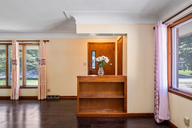 interior space with dark hardwood / wood-style flooring and a textured ceiling