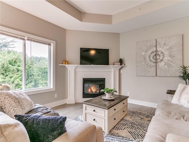 living room featuring a raised ceiling, light wood-type flooring, and a fireplace