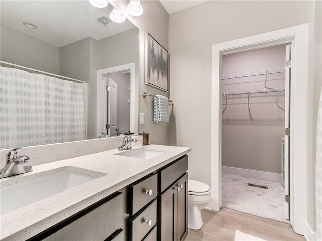 bathroom with toilet, vanity, and hardwood / wood-style flooring