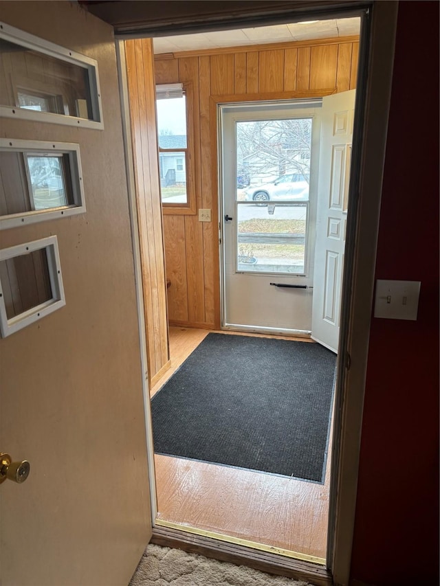 entryway featuring wood walls