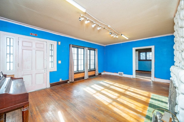 interior space featuring hardwood / wood-style floors, crown molding, a textured ceiling, and a wealth of natural light