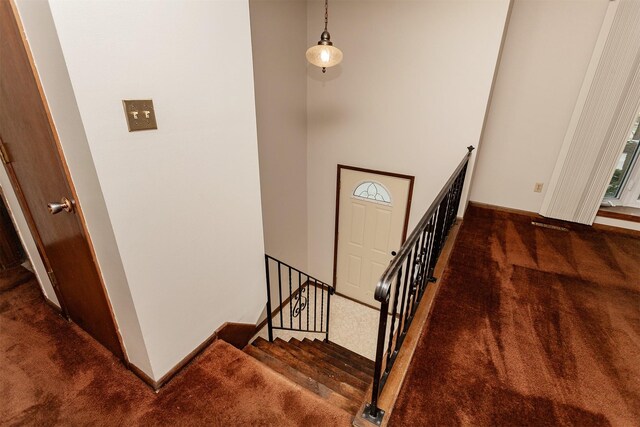 stairs with carpet flooring and a high ceiling