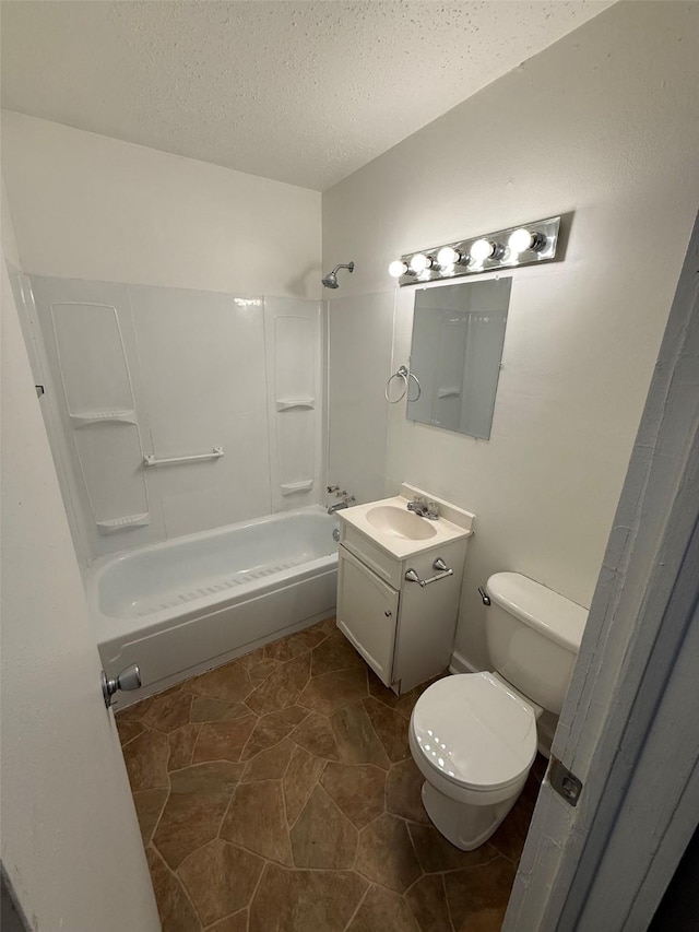 full bathroom featuring tile patterned flooring, a textured ceiling, toilet, vanity, and shower / bathtub combination