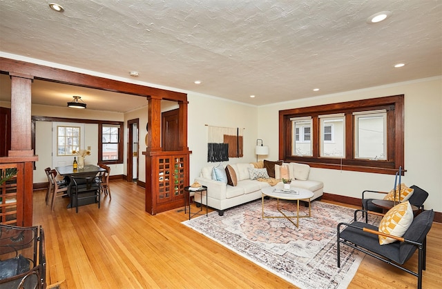 living room with ornamental molding, light hardwood / wood-style floors, and a textured ceiling