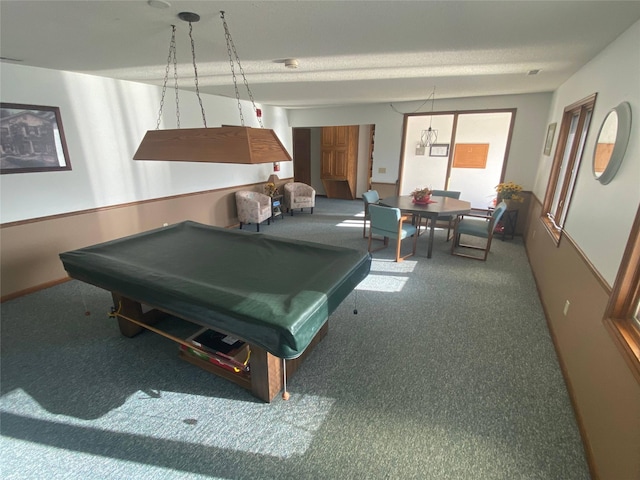 recreation room featuring carpet flooring and billiards