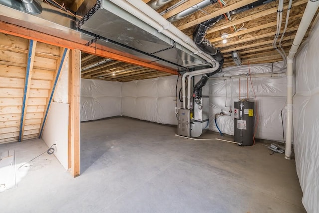 basement featuring water heater and heating unit