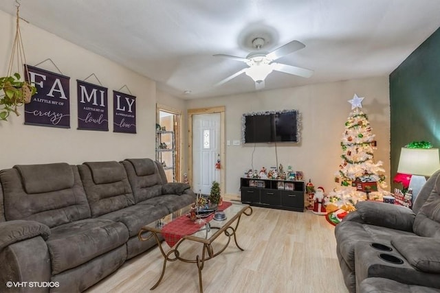 living room featuring ceiling fan and wood-type flooring