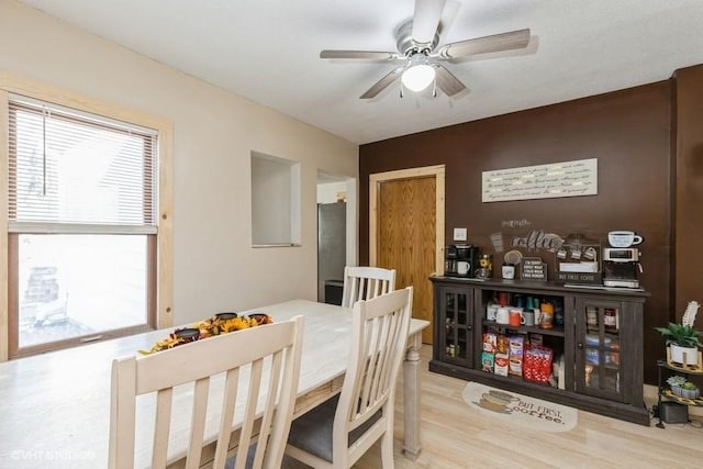 dining room featuring ceiling fan and light hardwood / wood-style floors