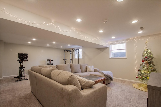 living room featuring light carpet