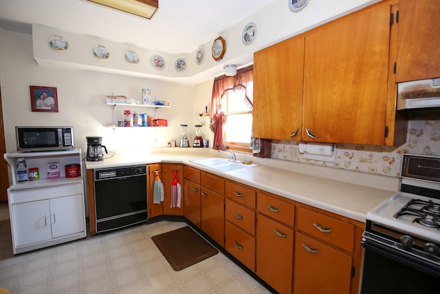 kitchen featuring white gas range oven, tasteful backsplash, ventilation hood, sink, and black dishwasher