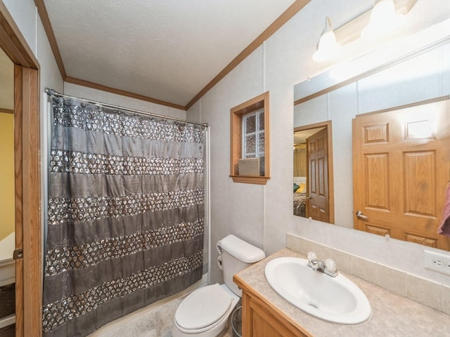 bathroom featuring a textured ceiling, vanity, toilet, and crown molding