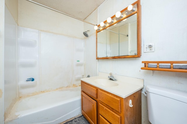 full bathroom featuring a textured ceiling, vanity, shower / bath combination, and toilet