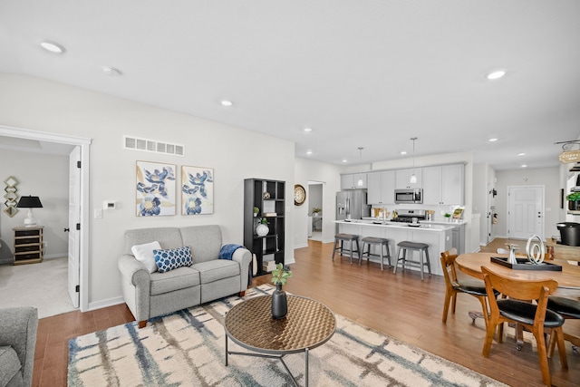 living room featuring light hardwood / wood-style flooring and sink