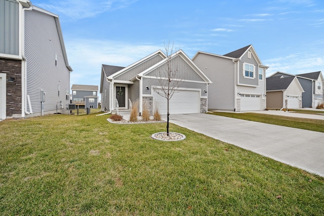 view of front of house with a garage, a front lawn, and central air condition unit