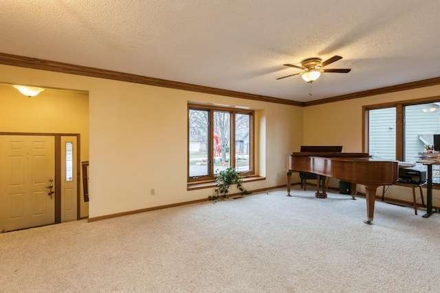 misc room featuring ceiling fan, crown molding, carpet floors, and a textured ceiling