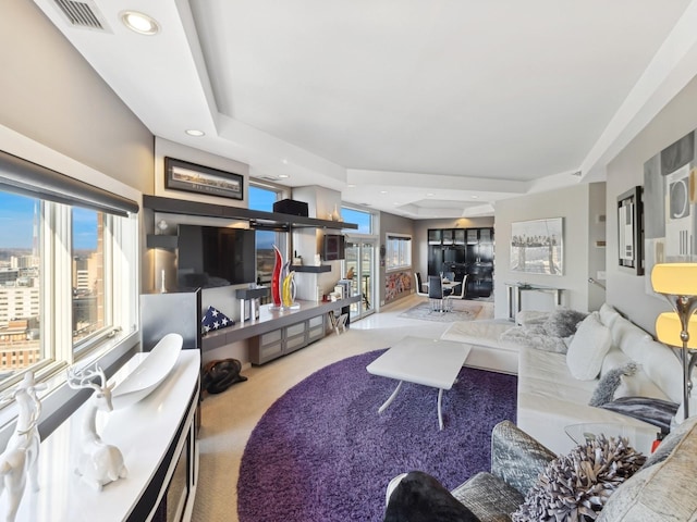 living room featuring a tray ceiling