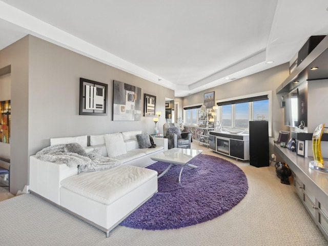 living room featuring carpet and a raised ceiling