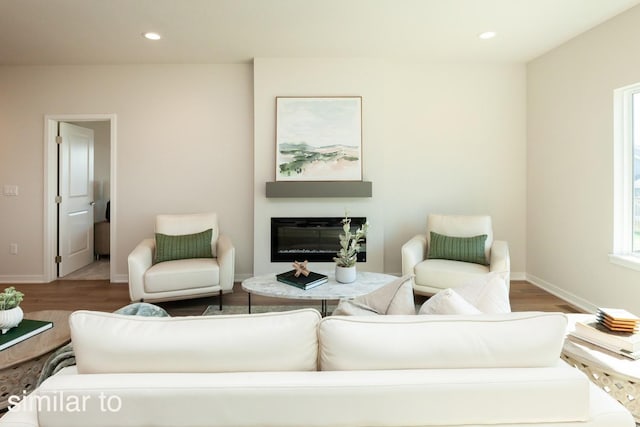 living area featuring a glass covered fireplace, baseboards, wood finished floors, and recessed lighting