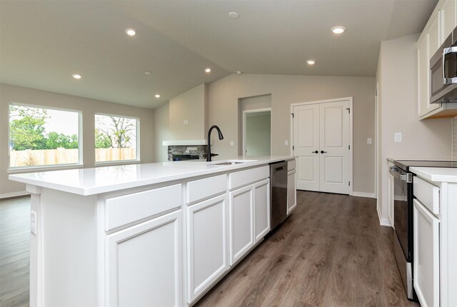 1099 NE 64th Ave, Des Moines, IA 50313 - kitchen featuring appliances with stainless steel finishes, a sink, a kitchen island with sink, wood finished floors, and vaulted ceiling