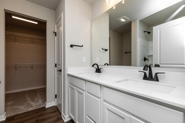 1099 NE 64th Ave, Des Moines, IA 50313 - bathroom with wood finished floors, double vanity, baseboards, a spacious closet, and a shower