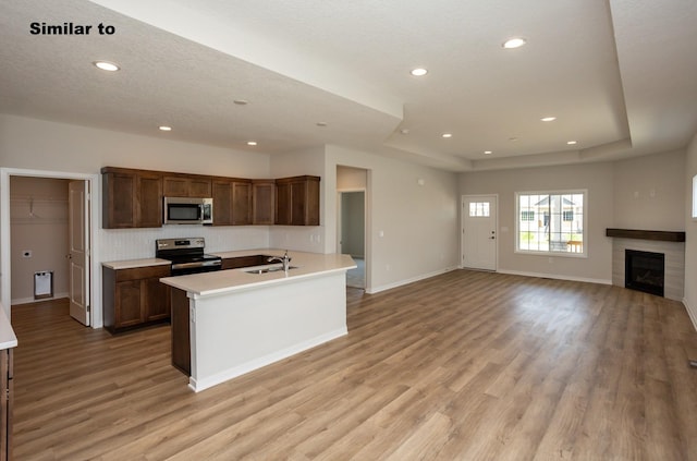 kitchen featuring stainless steel appliances, a sink, light wood-style floors, open floor plan, and light countertops