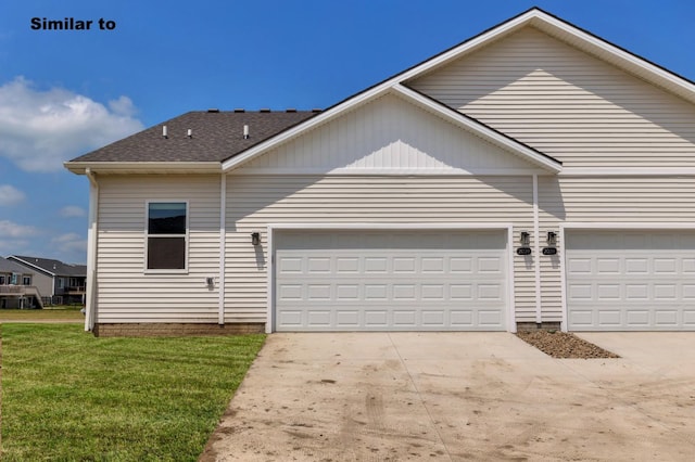 view of front of property featuring a garage, concrete driveway, roof with shingles, and a front lawn